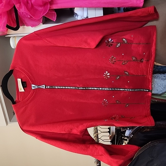 Vintage Christine Alexander red drop shoulder front zip embellished sweatshirt - Picture 2 of 10